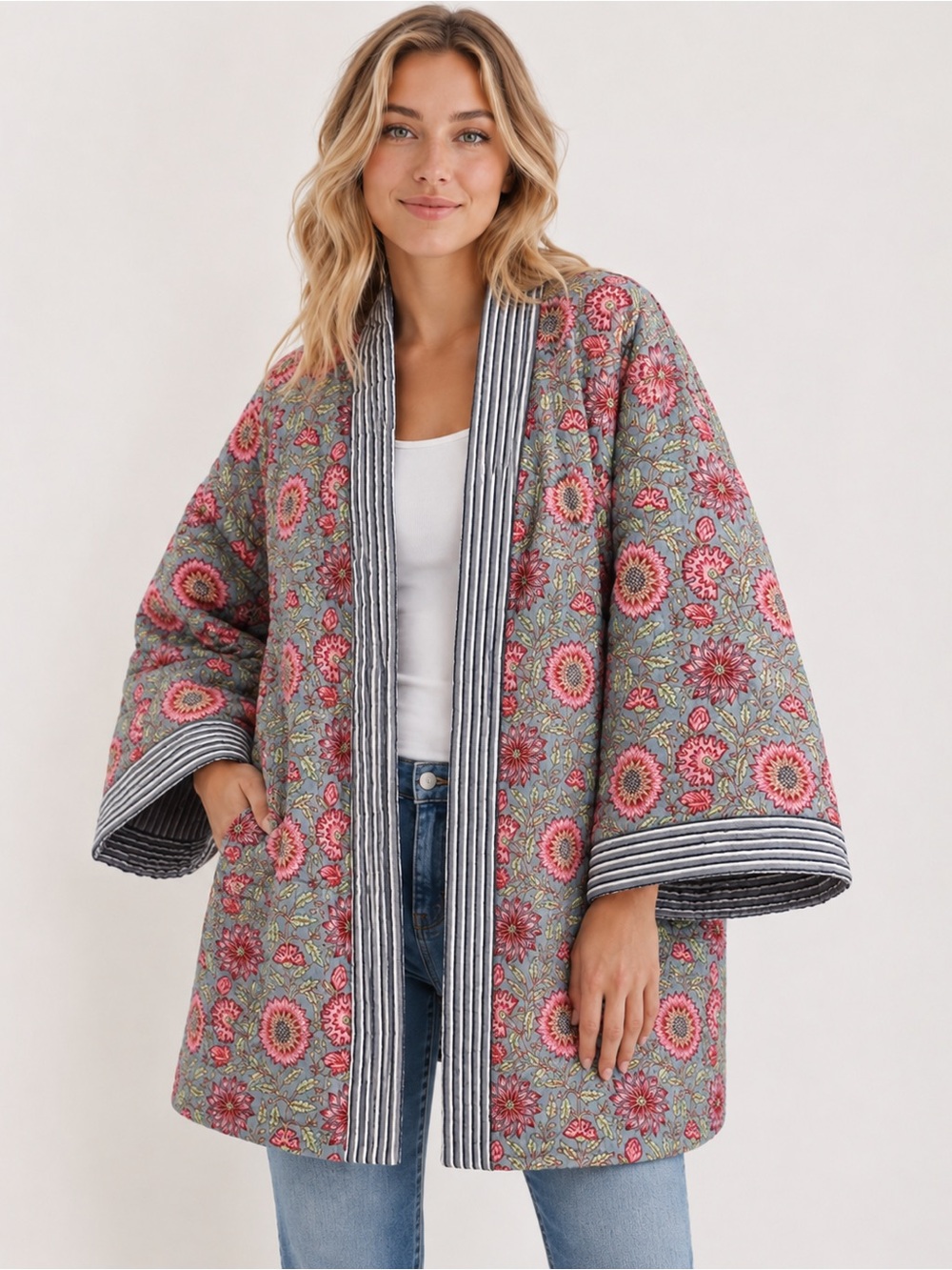 Large Oversized Cotton Reversible Quilted Kimono Robe • Women’s